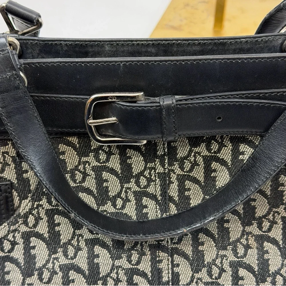Christian Dior Trotter Canvas Logo Tote Bag Black Leather Trim‎ Vintage
